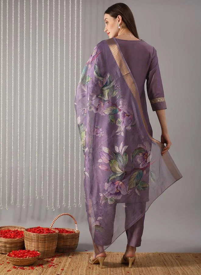 globus Women Purple Embroidered Kurta with Pant and Printed Dupatta Set
